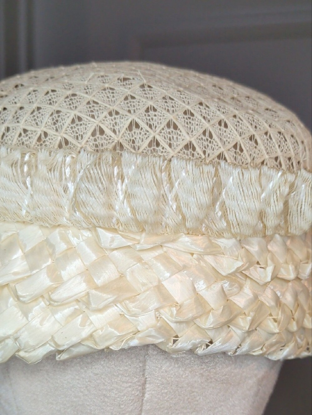 Vintage 60s Ivory Straw Cloche Hat Pink Floral Trim Mid Century Union Label - Picture 8 of 13